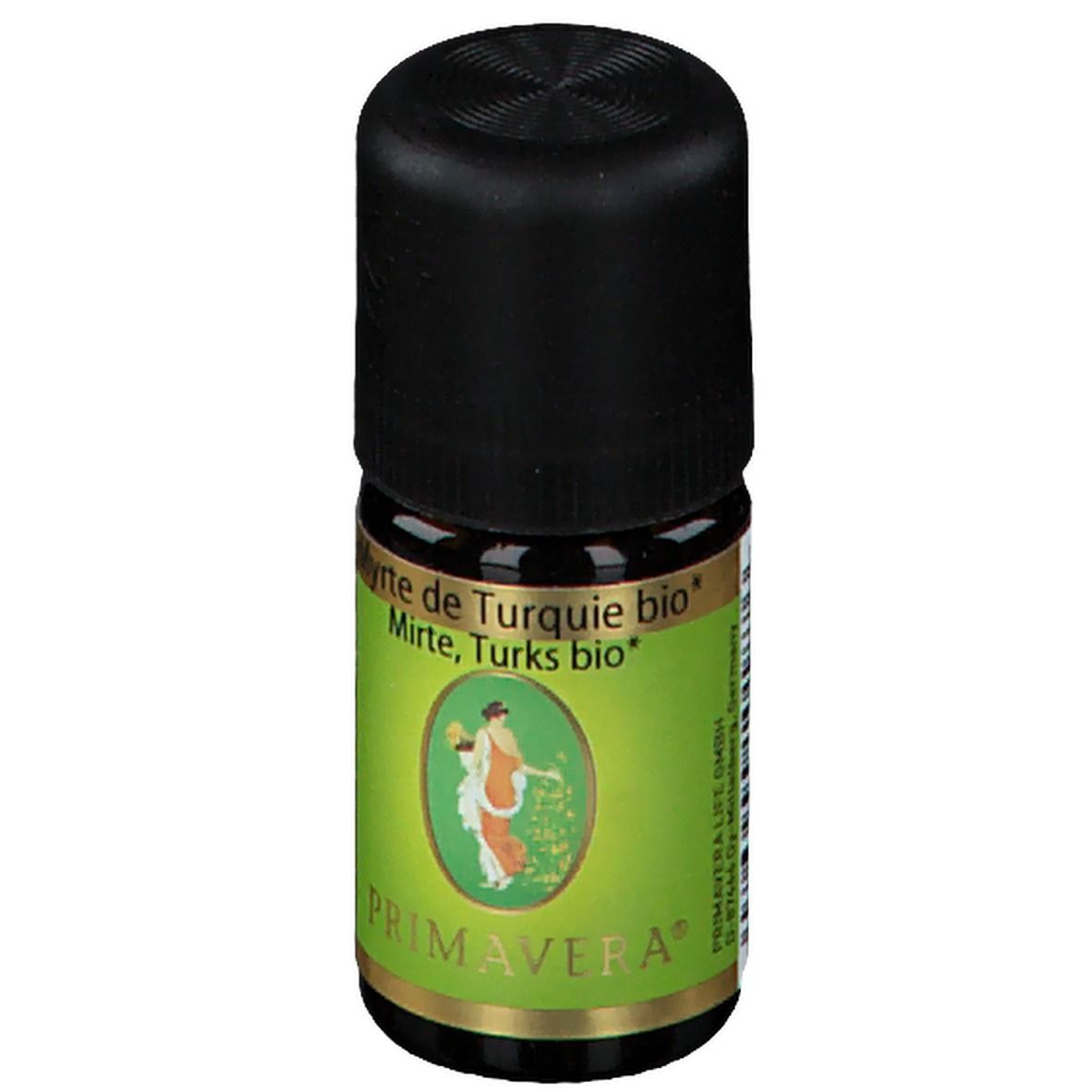 Flacon en verre brun avec bouchon noir. Étiquette verte et dorée avec nom du produit et logo PRIMAVERA. Inscription : Myrte de Turquie bio.