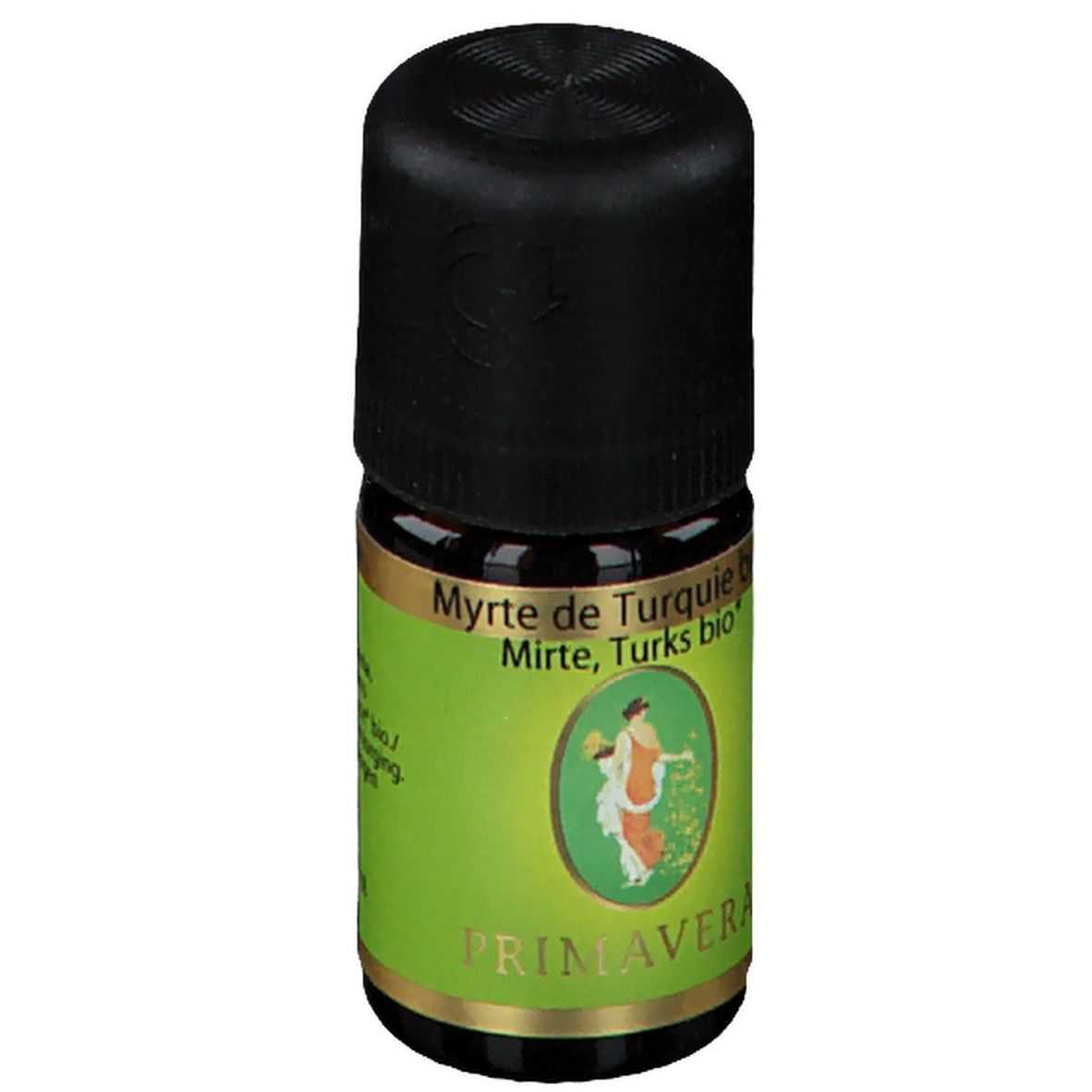 Flacon en verre brun avec bouchon noir. Étiquette verte et dorée avec nom du produit et logo PRIMAVERA. Inscription : Myrte de Turquie bio.