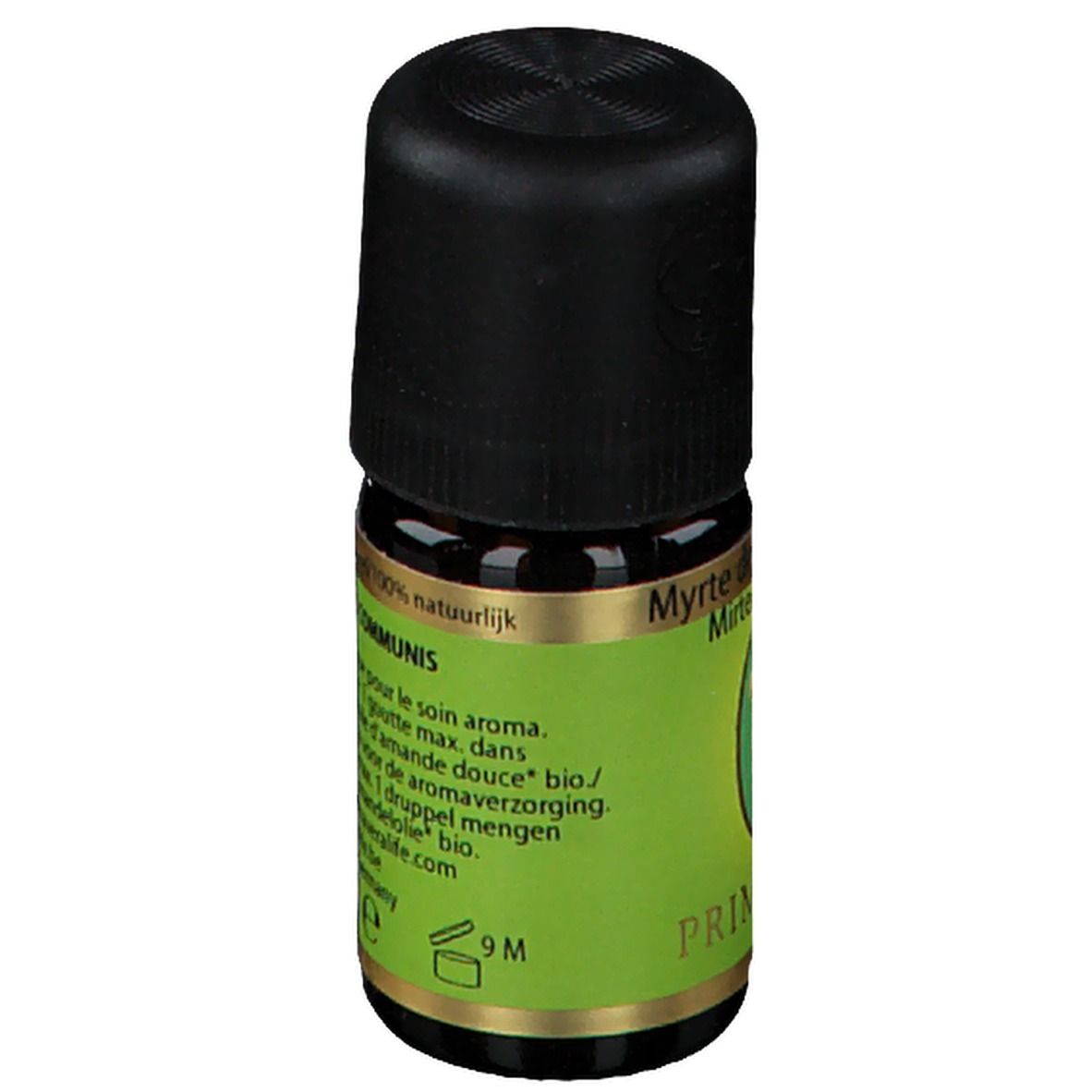 Flacon en verre brun avec bouchon noir. Étiquette verte et dorée avec informations produit. Inscription : MYRTUS COMMUNIS, 5 ml.