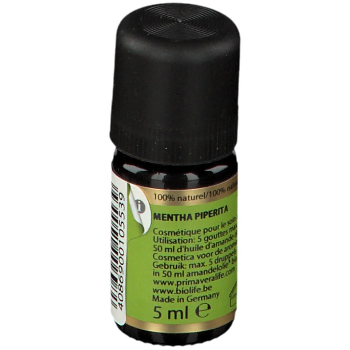 Braune Glasflasche mit schwarzem Deckel. Grünes Etikett mit Text: Mentha Piperita, 5 ml. 100% naturel.