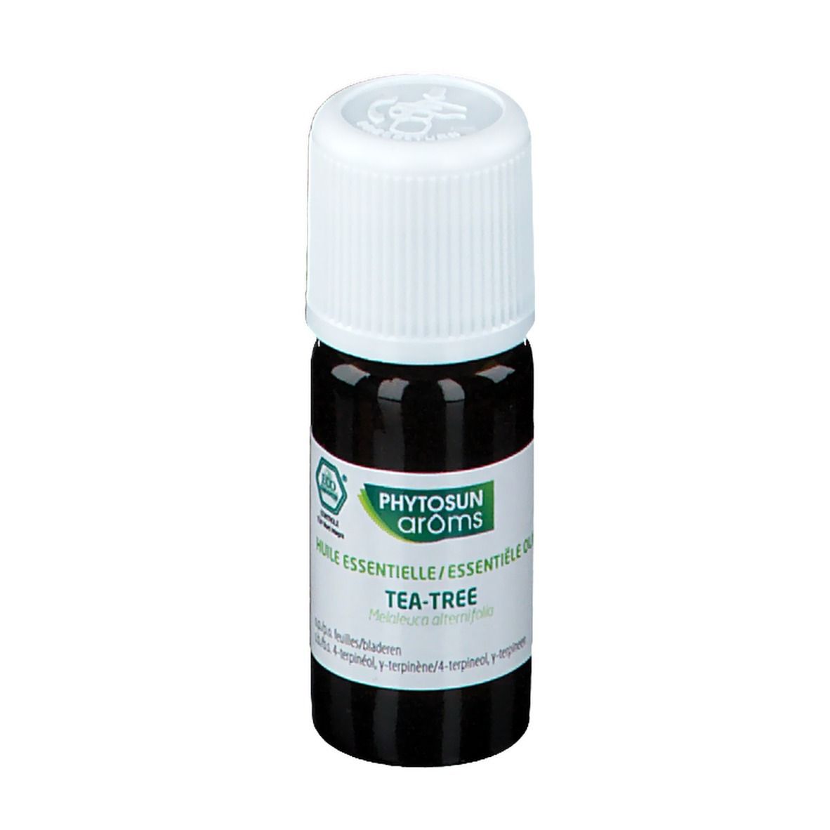 Bruine glazen fles met witte dop. Etiket met productnaam en logo. Certificeringslabel.
