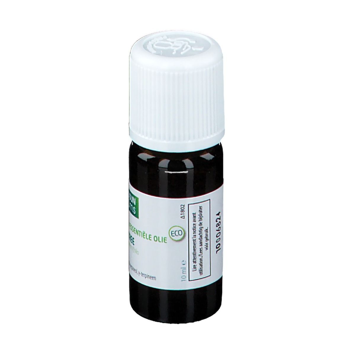 Bruine glazen fles met witte dop. Etiket met productinformatie en logo. ECO-certificering.