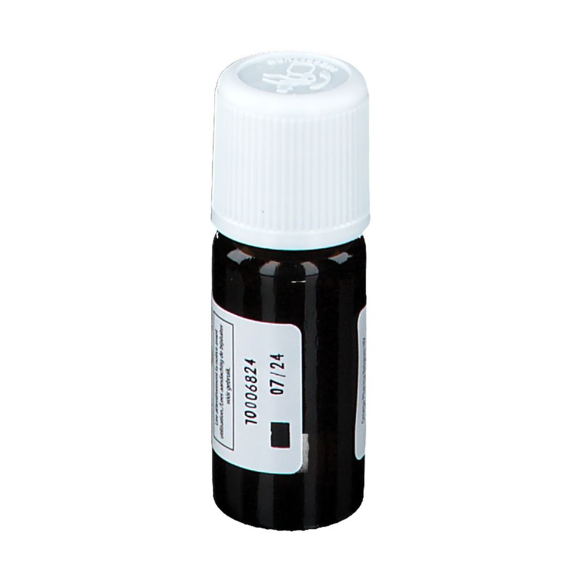 Bruine glazen fles met witte dop. Etiket met batchnummer en vervaldatum.