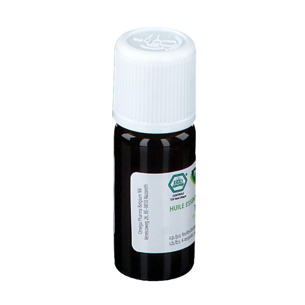Bruine glazen fles met witte dop. Etiket met productinformatie en logo. ECO-certificering.