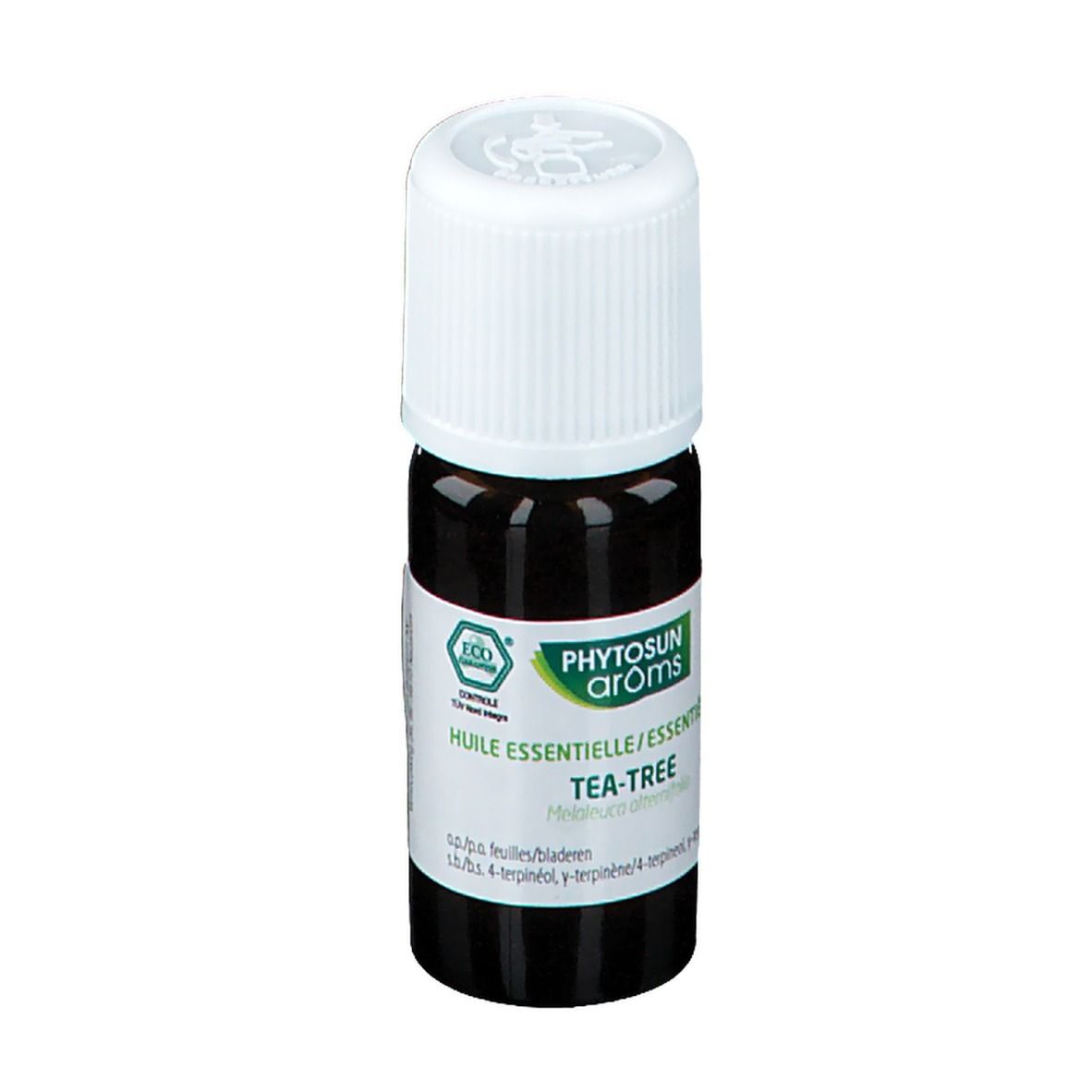 Bruine glazen fles met witte dop. Etiket met productnaam en logo. ECO-certificering.