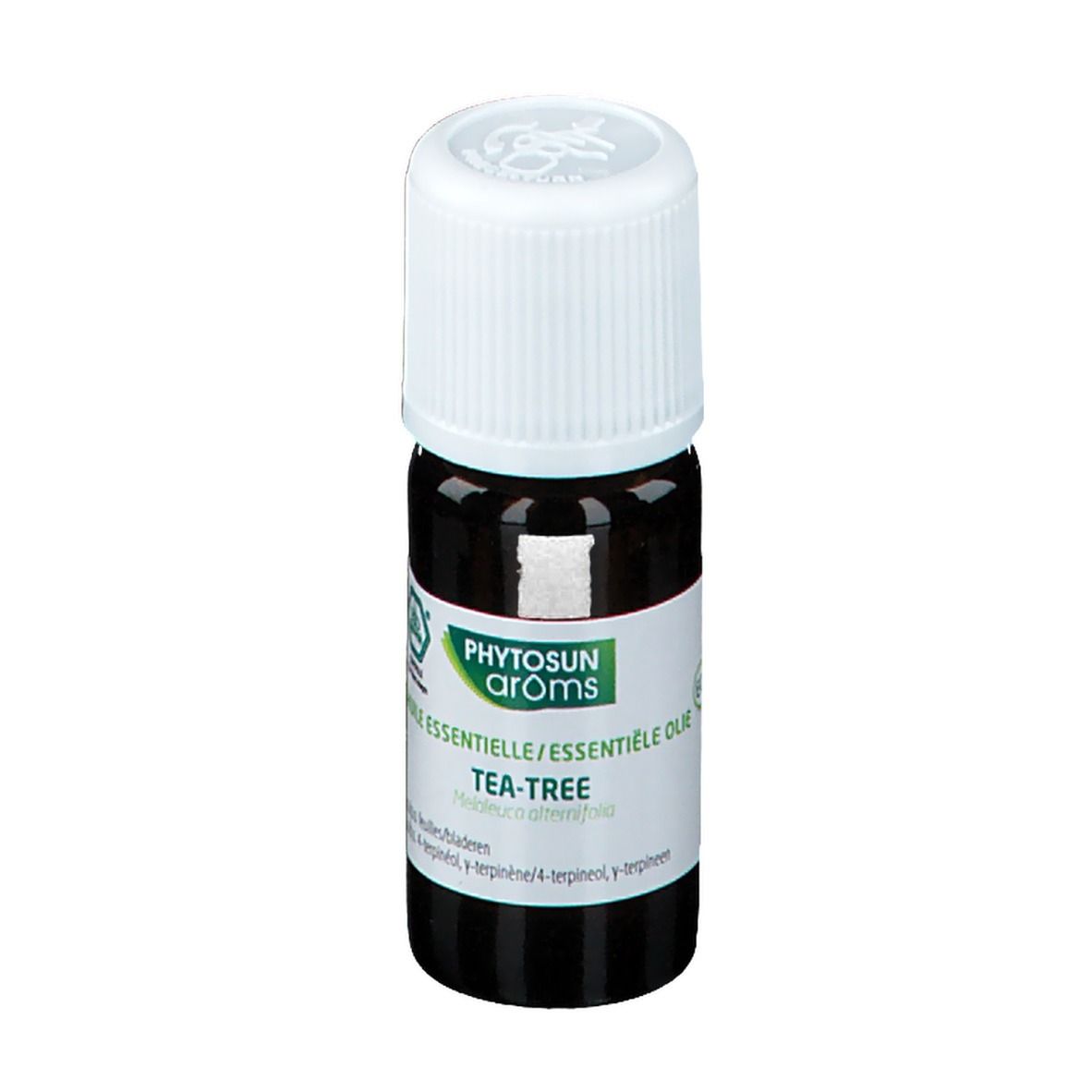 Bruine glazen fles met witte dop. Etiket met productnaam en logo. ECO-certificering.