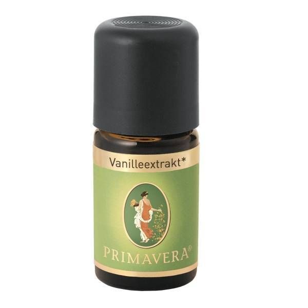 Braune Glasflasche mit schwarzem Deckel. Aufschrift: Vanilleextrakt*, PRIMAVERA. Grünes Etikett mit Abbildung.
