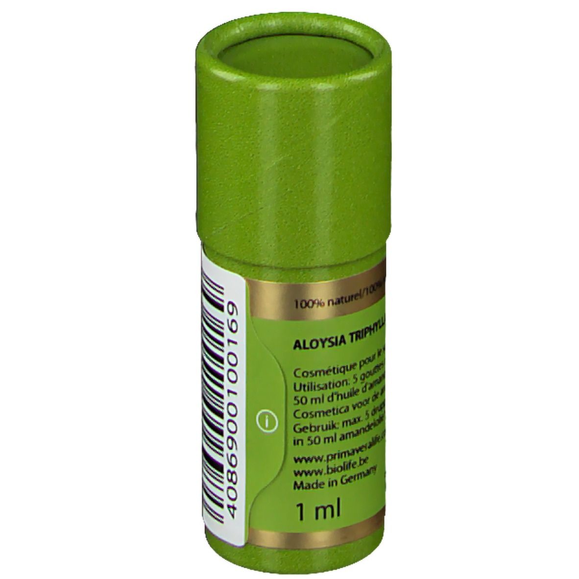 Emballage cylindrique vert. Texte: ALOYSIA TRIPHYLLA, 100% naturel, 1 ml. Informations d'utilisation.