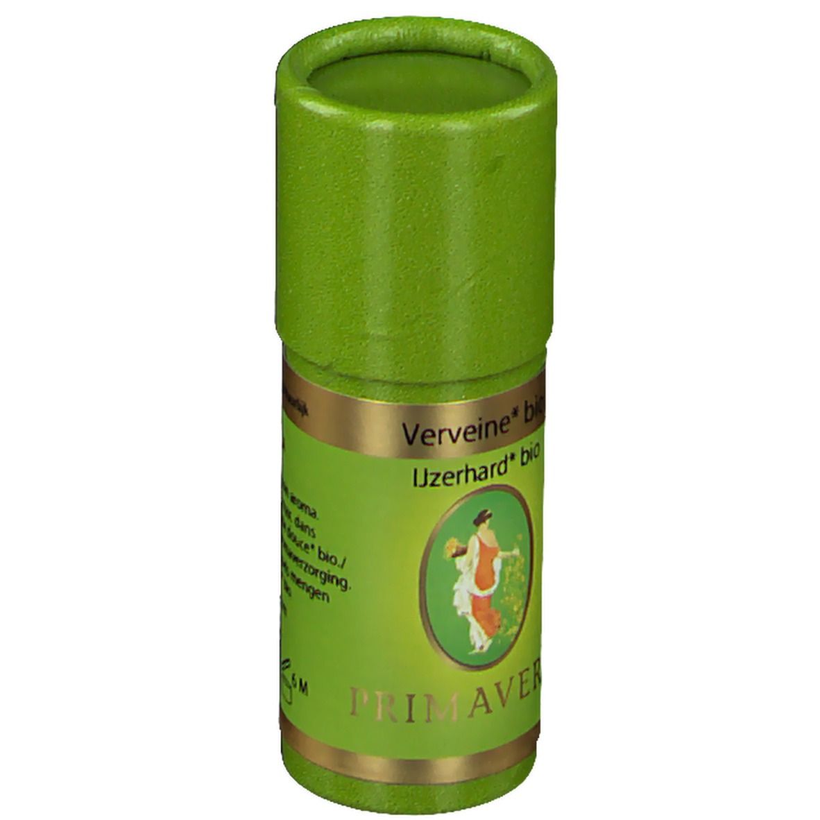 Emballage cylindrique vert. Inscription: PRIMAVERA, Verveine bio, Uzerhard bio. Illustration d'une femme.