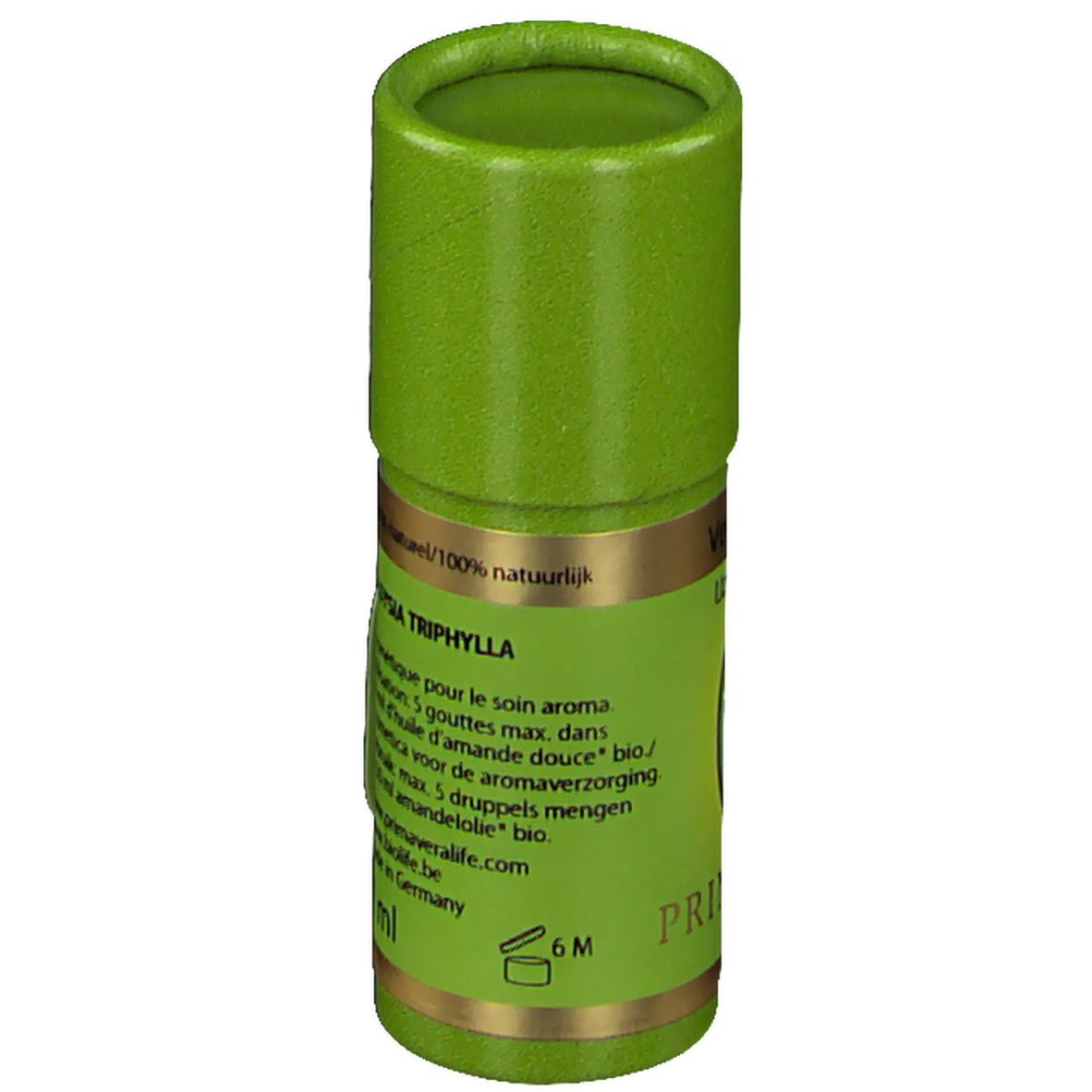 Emballage cylindrique vert. Texte: ALOYSIA TRIPHYLLA, 100% naturel. Informations d'utilisation et de conservation.