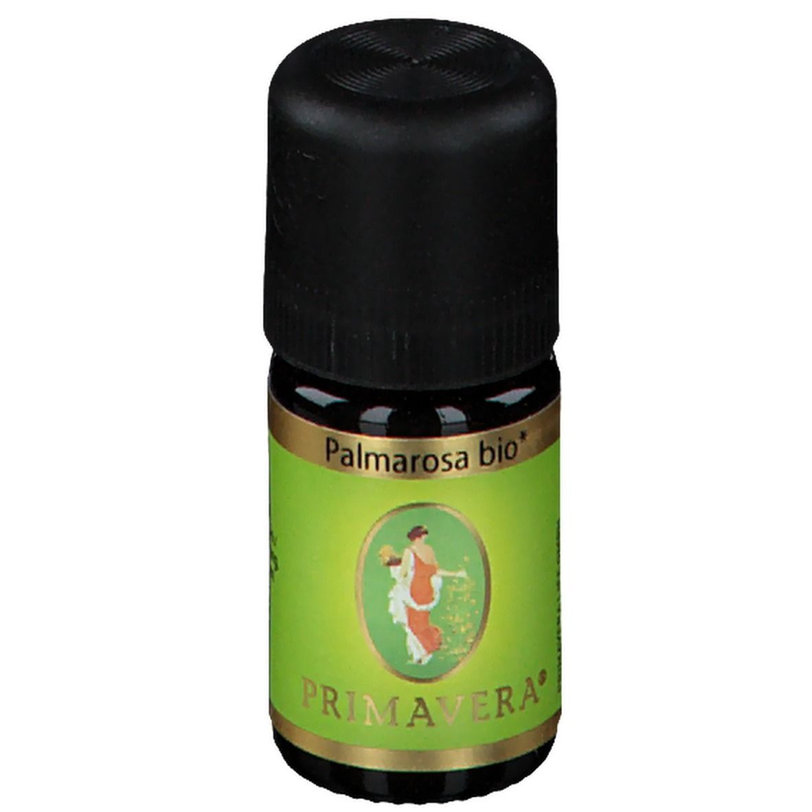 Kleine glazen fles met zwarte dop. Label met Palmarosa bio, PRIMAVERA en afbeelding. Groen label.
