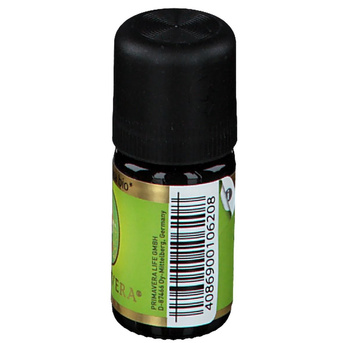 Kleine glazen fles met zwarte dop. Groen label met barcode en tekst. PRIMAVERA LIFE GMBH.