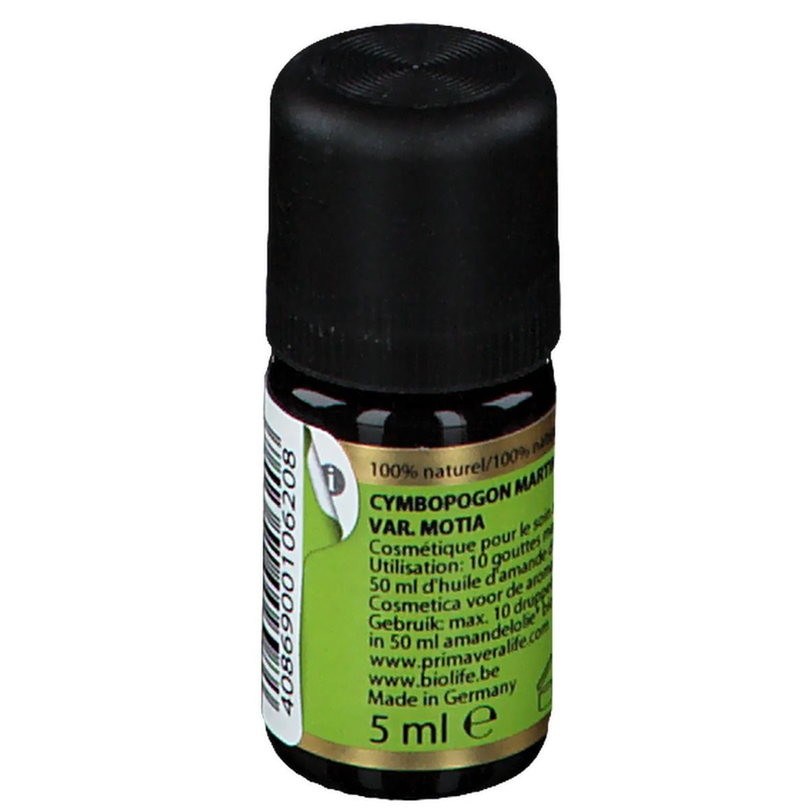 Kleine glazen fles met zwarte dop. Groen label met tekst. 5 ml. 100% natuurlijk. Made in Germany.