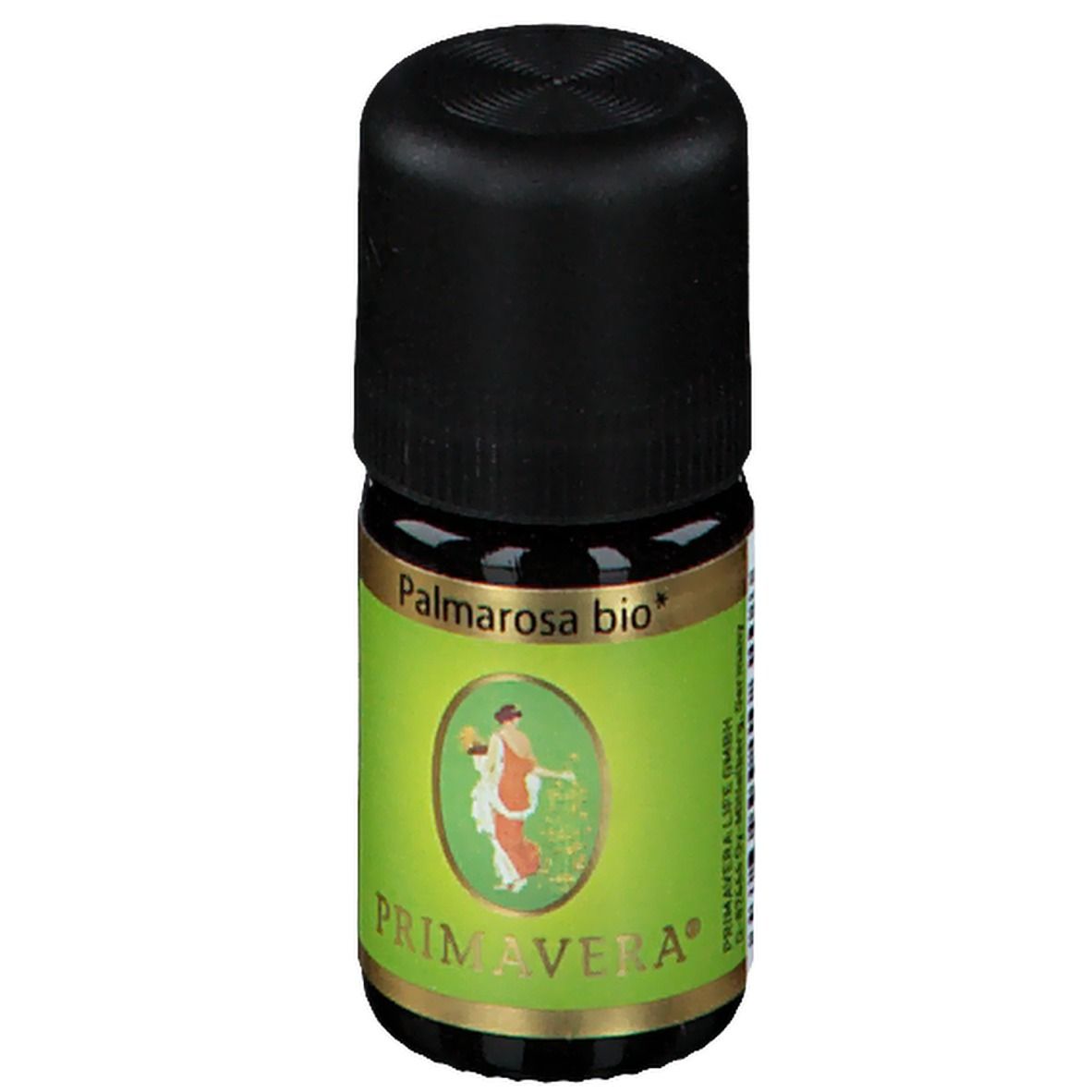 Kleine glazen fles met zwarte dop. Label met Palmarosa bio, PRIMAVERA en afbeelding. Groen label.