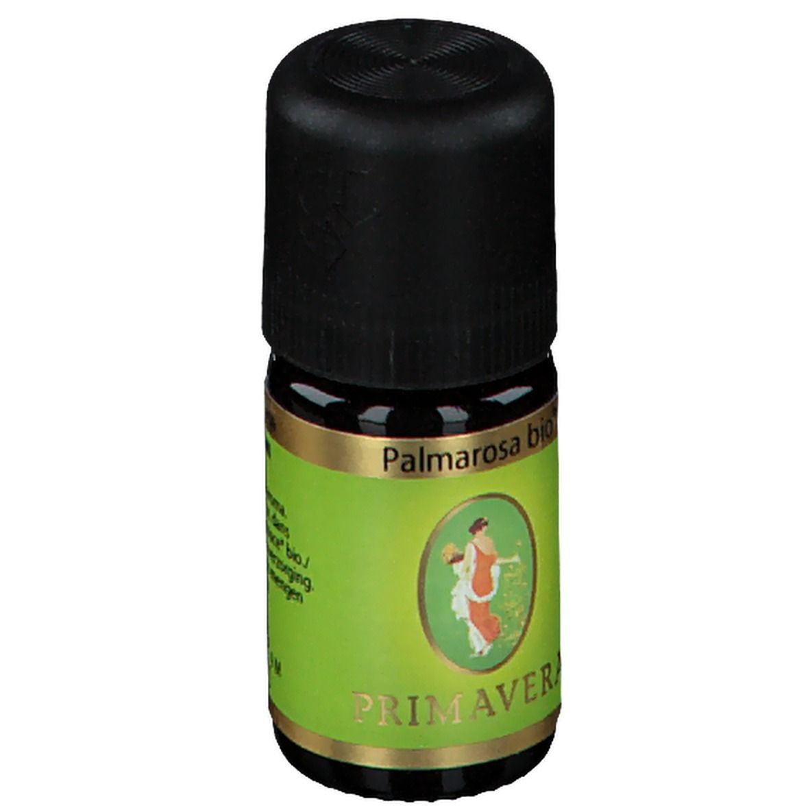 Kleine glazen fles met zwarte dop. Label met Palmarosa bio, PRIMAVERA en afbeelding. Groen label.