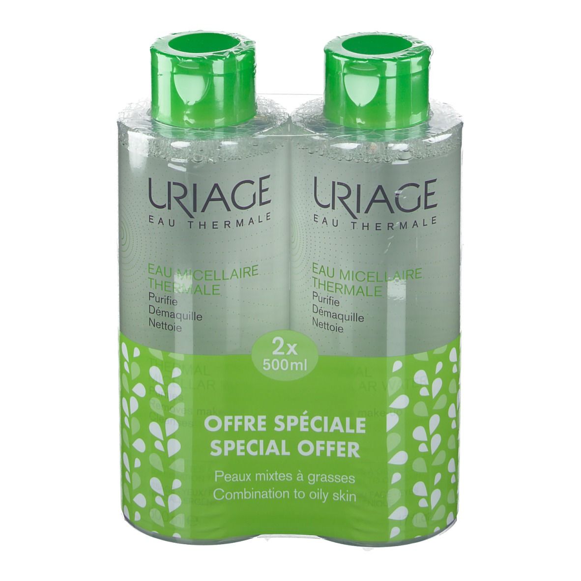 Zwei Flaschen in Folie verpackt. Uriage Eau Thermale, Mizellenwasser. Spezielles Angebot für Mischhaut.