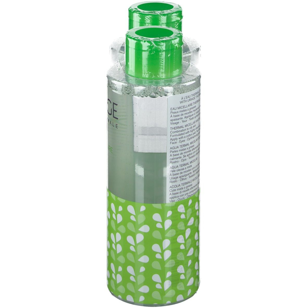 Eine Flasche Uriage Eau Thermale Mizellenwasser. Grüne Kappe, transparente Flasche. Rückseite mit Text.