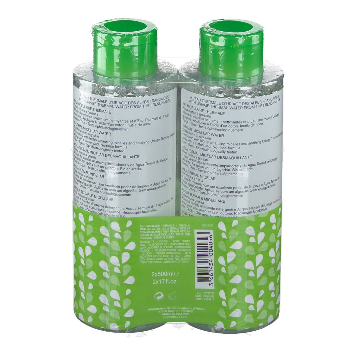 Zwei Flaschen in Folie verpackt. Uriage Eau Thermale Mizellenwasser. Text auf Französisch und Englisch.