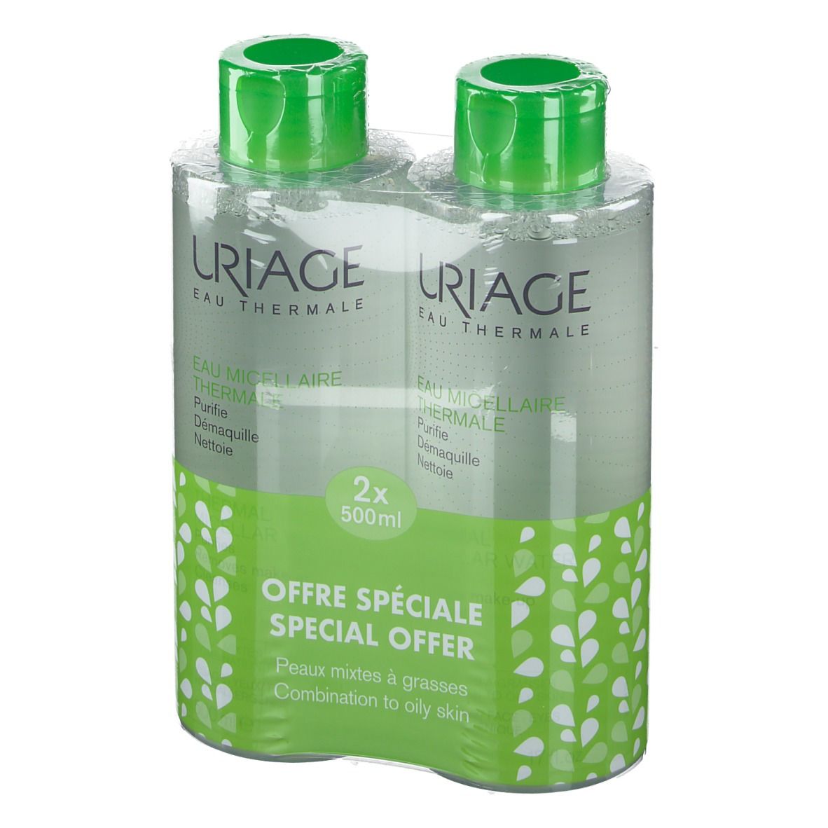 Zwei Flaschen in Folie verpackt. Uriage Eau Thermale Mizellenwasser. Spezielles Angebot für Mischhaut.