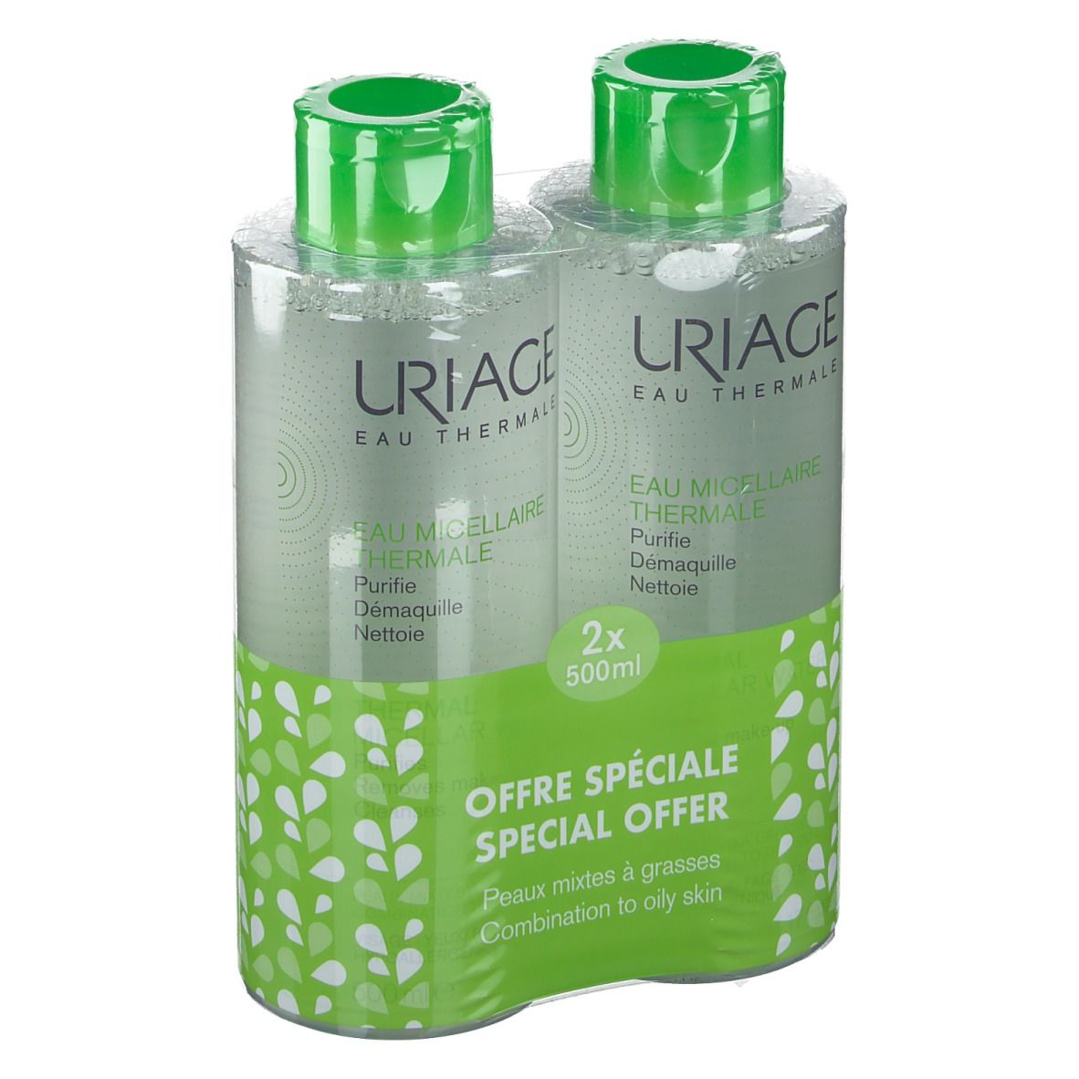 Zwei Flaschen in Folie verpackt. Uriage Eau Thermale Mizellenwasser. Spezielles Angebot für Mischhaut.