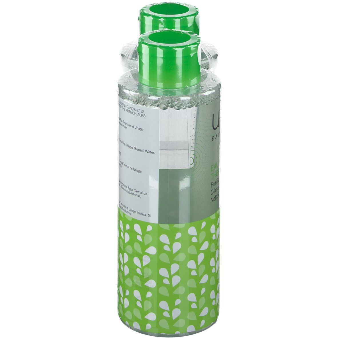 Eine Flasche Uriage Eau Thermale Mizellenwasser. Grüne Kappe, transparente Flasche. Rückseite mit Text.