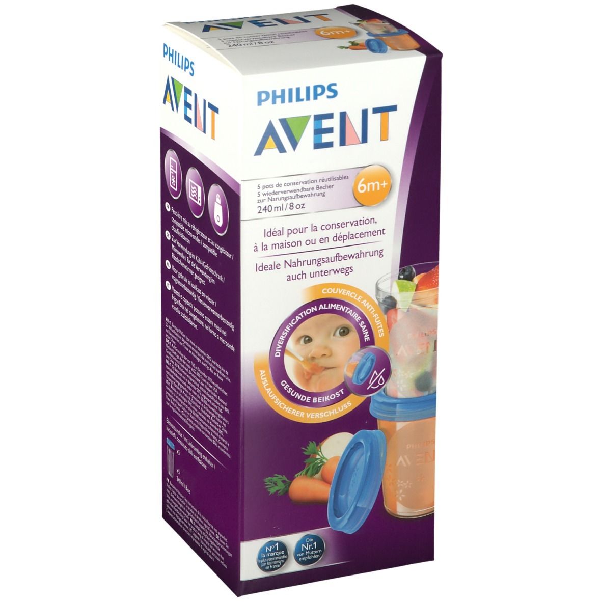 Boîte de gobelets réutilisables Philips AVENT. Comprend des gobelets, des couvercles et des bouchons bleus. Texte : 6m+ et 240ml/8oz.