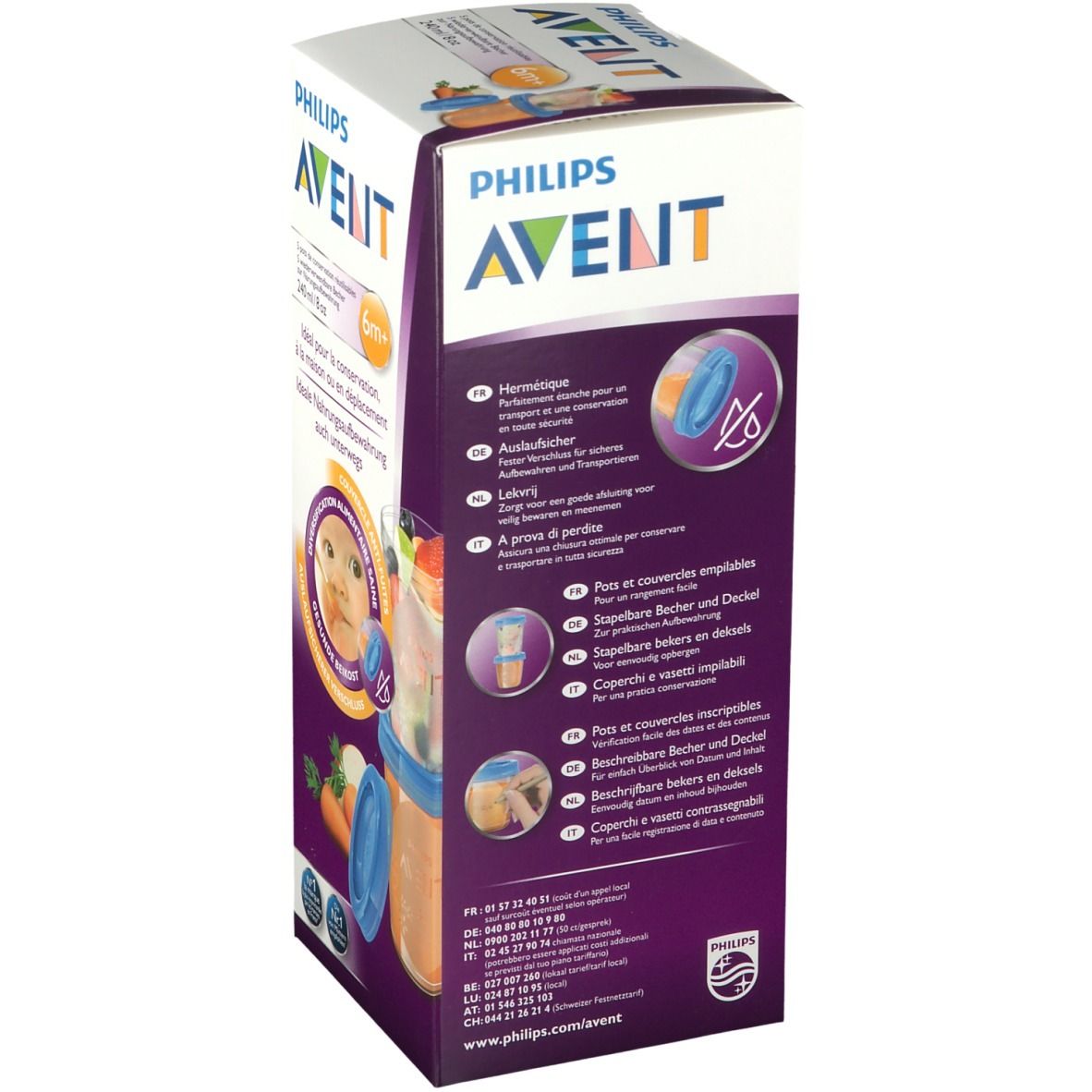 Dos de la boîte de gobelets réutilisables Philips AVENT. Illustrations de gobelets et couvercles. Texte : hermétique, anti-fuite, pour les déplacements.