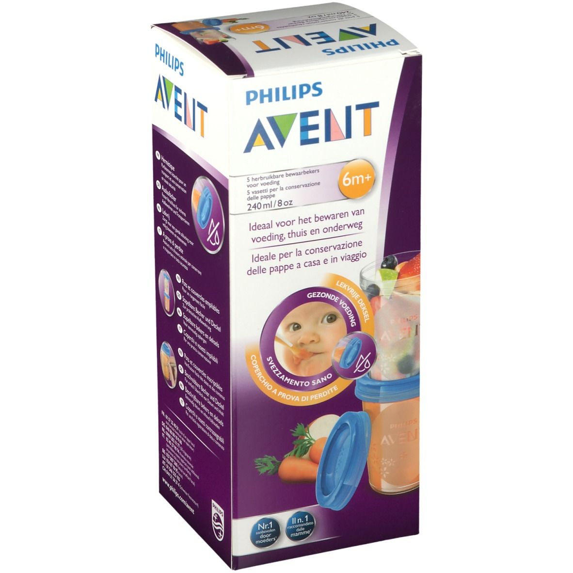 Boîte de gobelets réutilisables Philips AVENT. Image d'un bébé mangeant. Texte : 6m+ et 240ml/8oz. Idéal pour les déplacements.
