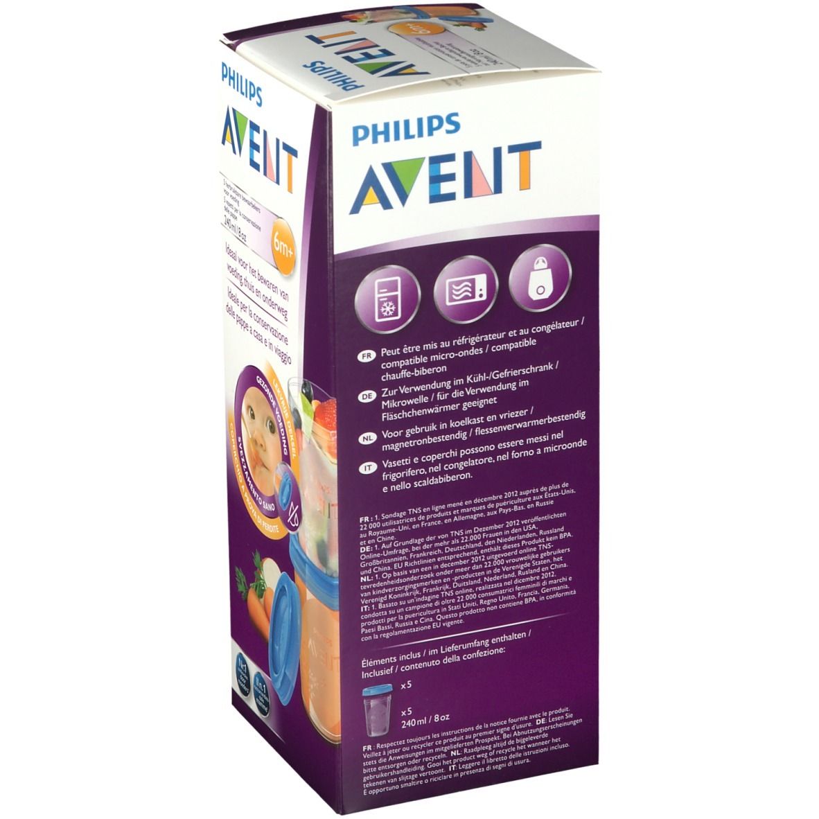 Dos de la boîte de gobelets réutilisables Philips AVENT. Texte : Convient au réfrigérateur, micro-ondes et congélateur. Contenu : 5 gobelets.