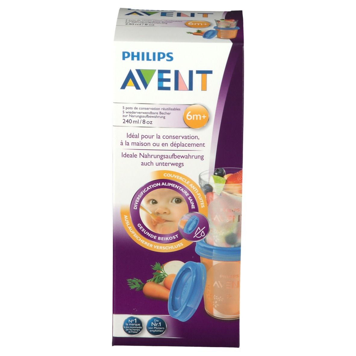 Boîte de gobelets réutilisables Philips AVENT. Image d'un bébé mangeant. Texte : 6m+ et 240ml/8oz. Idéal pour les déplacements.