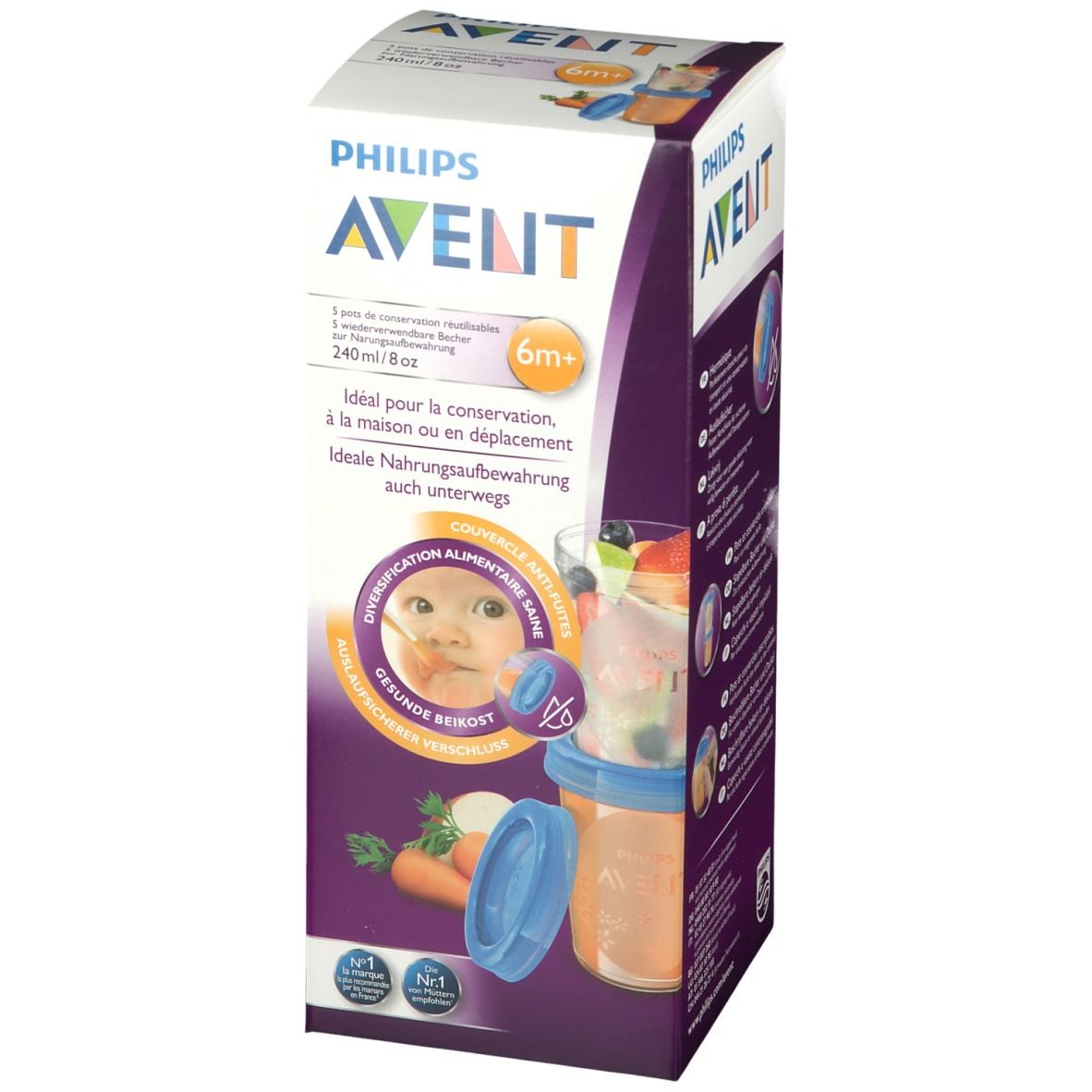 Boîte de gobelets réutilisables Philips AVENT. Image d'un bébé mangeant. Texte : 6m+ et 240ml/8oz. Idéal pour les déplacements.