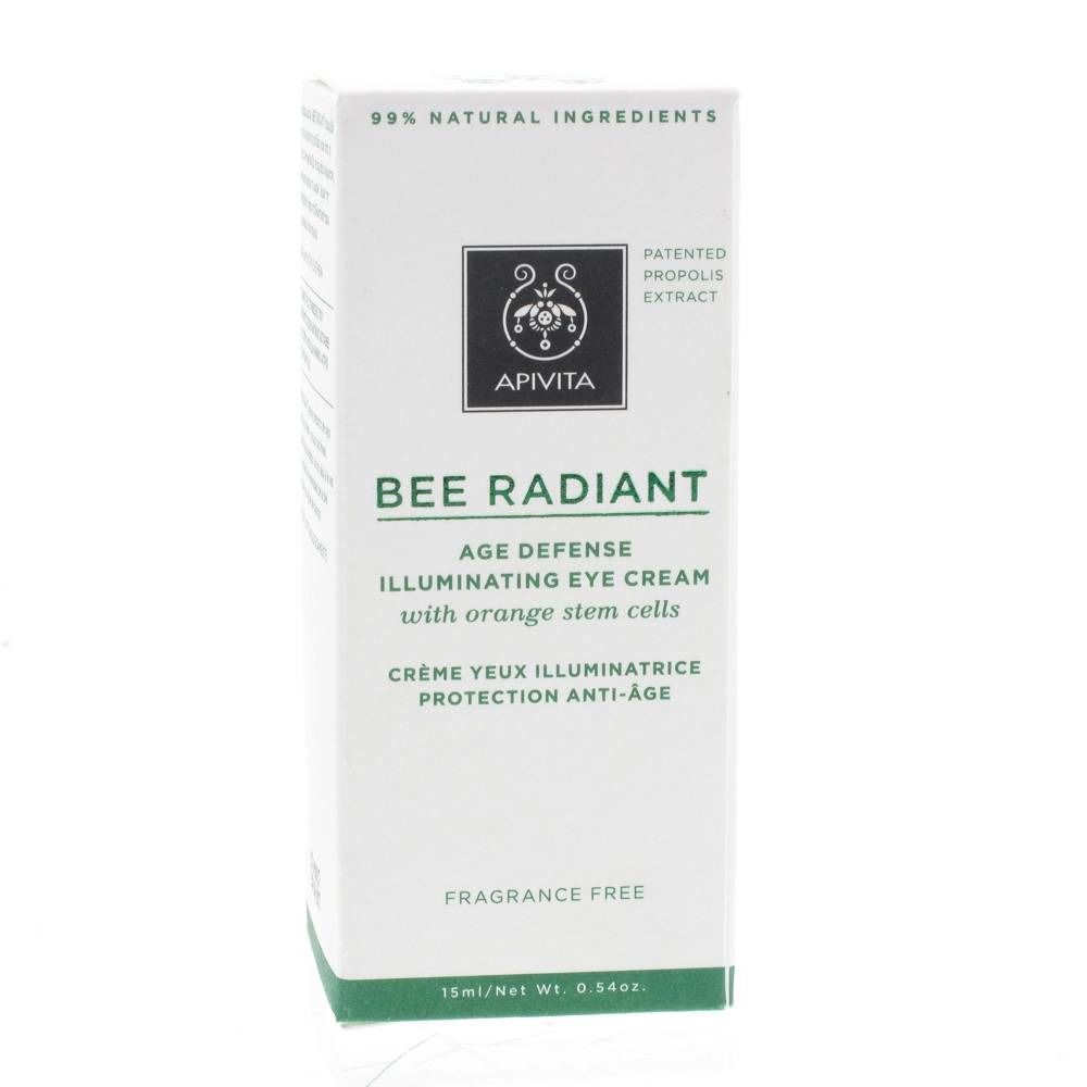 Emballage blanc avec accents verts. Inscription: Apivita, Bee Radiant, crème contour des yeux anti-âge. Contient 99% d'ingrédients naturels.