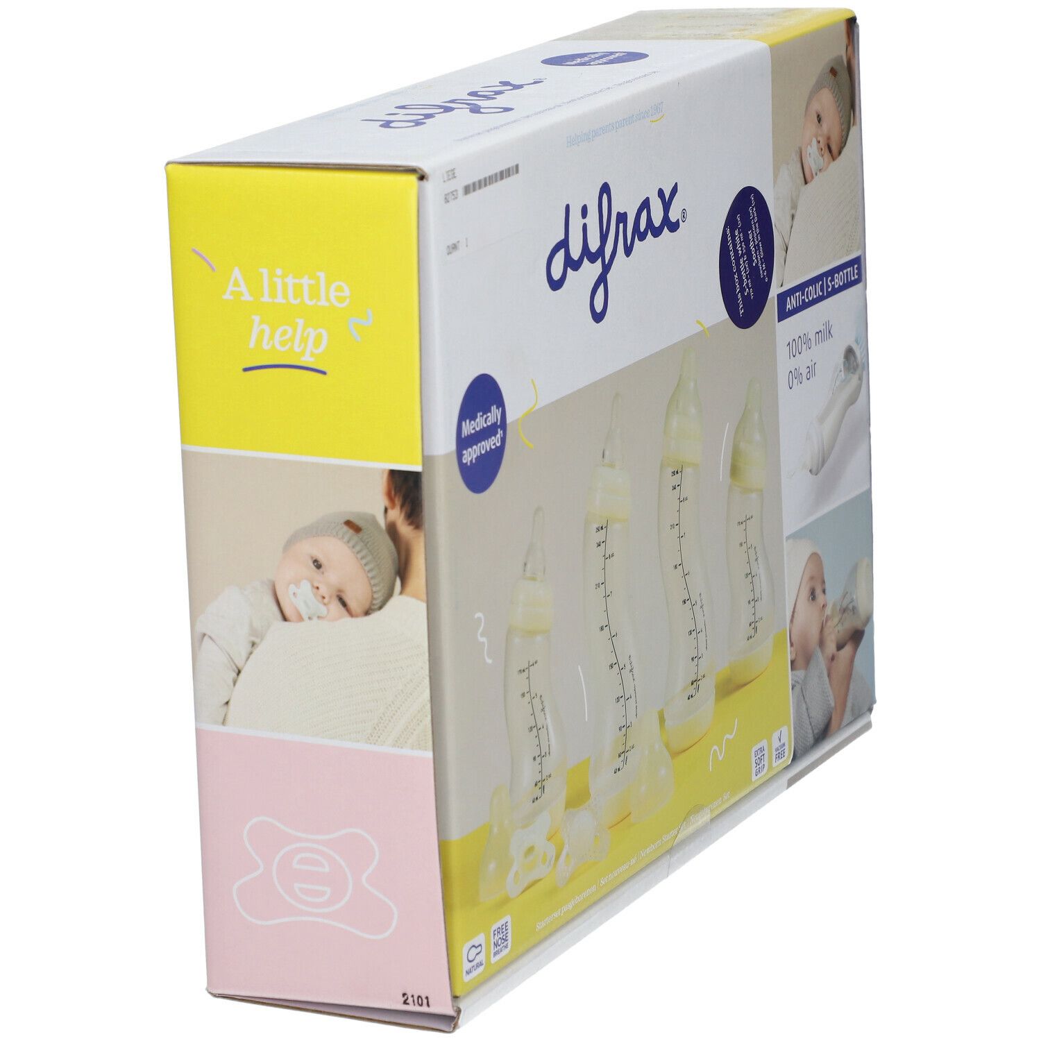 Emballage du set de démarrage de biberons anti-coliques difrax®. Inscription : difrax, Medically approved. Image d'un bébé avec une sucette.