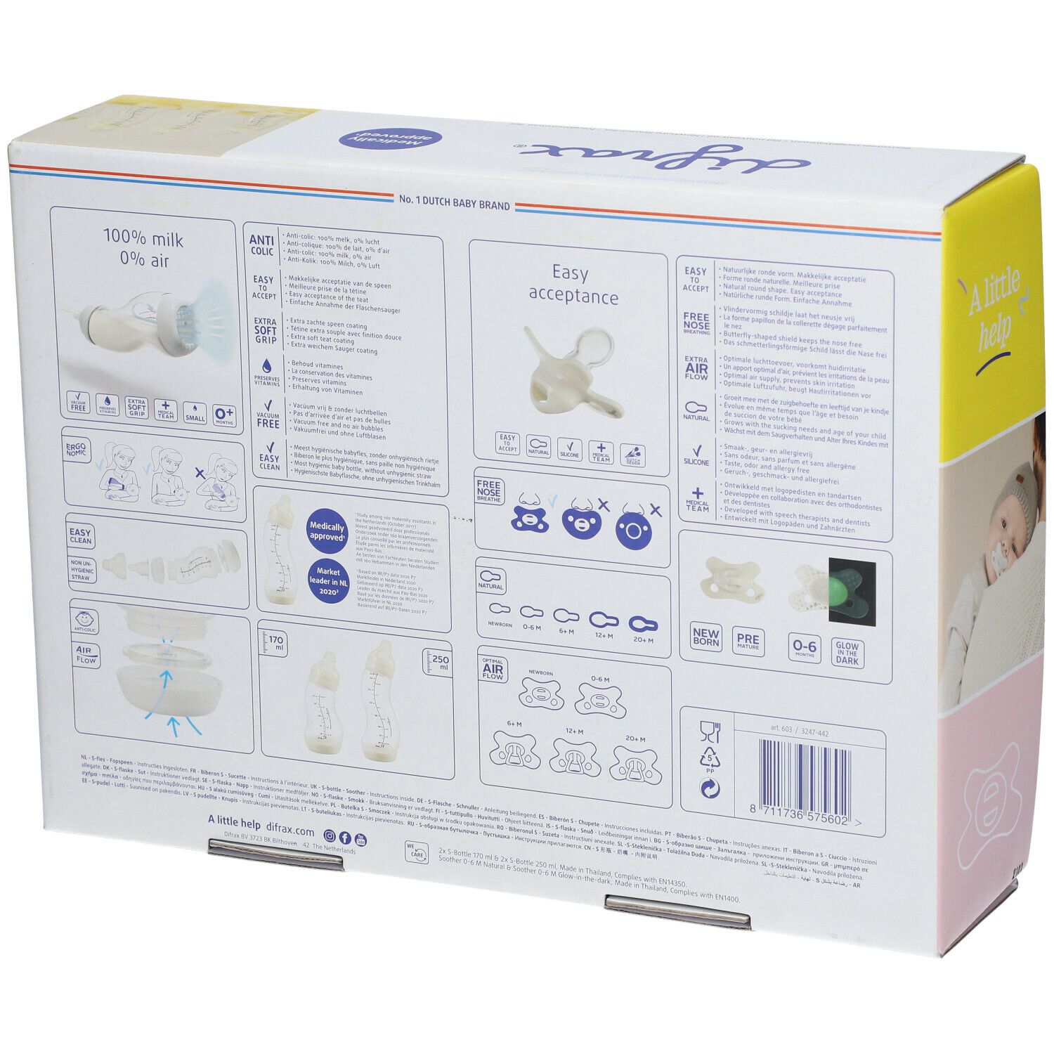 Dos de l'emballage du set de démarrage de biberons anti-coliques difrax®. Informations sur les fonctions et les ingrédients. Images des produits.