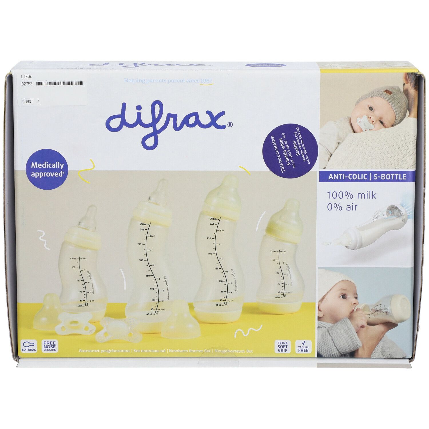 Emballage du set de démarrage de biberons anti-coliques difrax®. Contient des biberons, des tétines et des accessoires. Inscription : difrax, Medically approved.