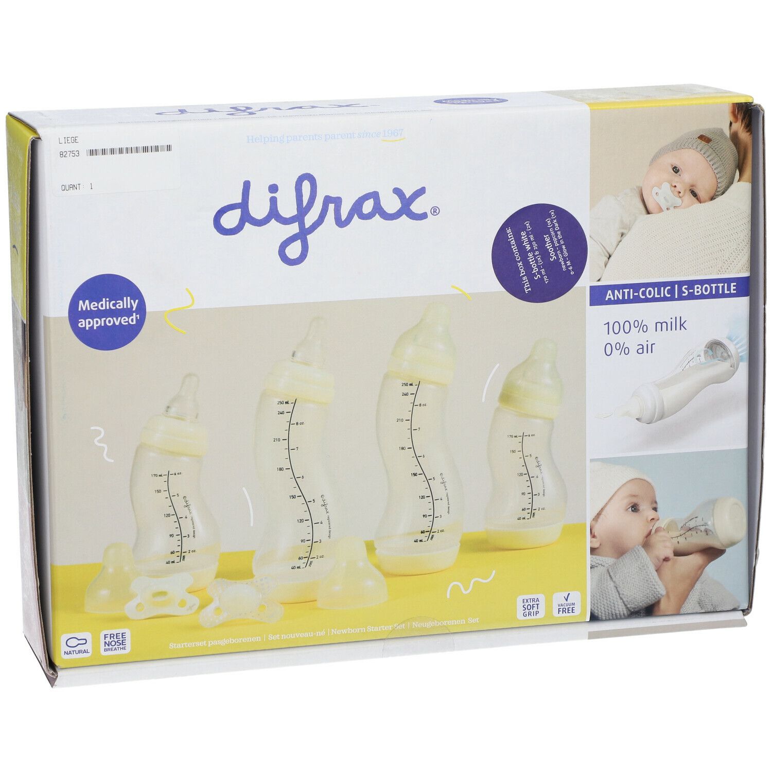 Emballage du set de démarrage de biberons anti-coliques difrax®. Contient des biberons, des tétines et des accessoires. Inscription : difrax, Medically approved.