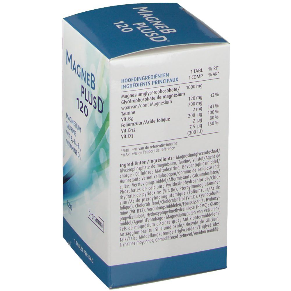 Boîte de MagneBPlusD 120. Ingrédients principaux et informations nutritionnelles. Contient magnésium, taurine, vitamines B6, B12, D3.
