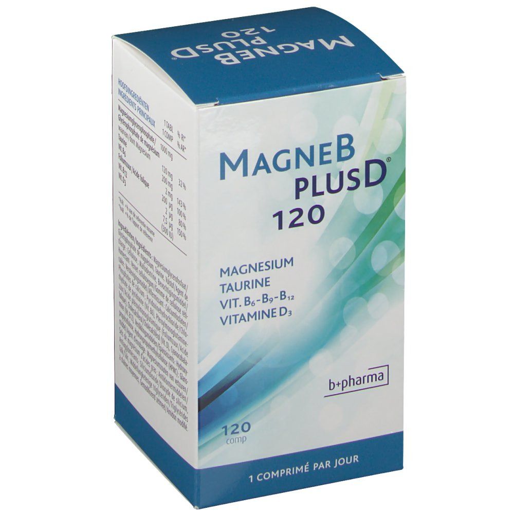 Boîte de MagneBPlusD 120 en biais. Contient magnésium, taurine, vitamines B6, B12, D3. Marque b+pharma. 120 comprimés.