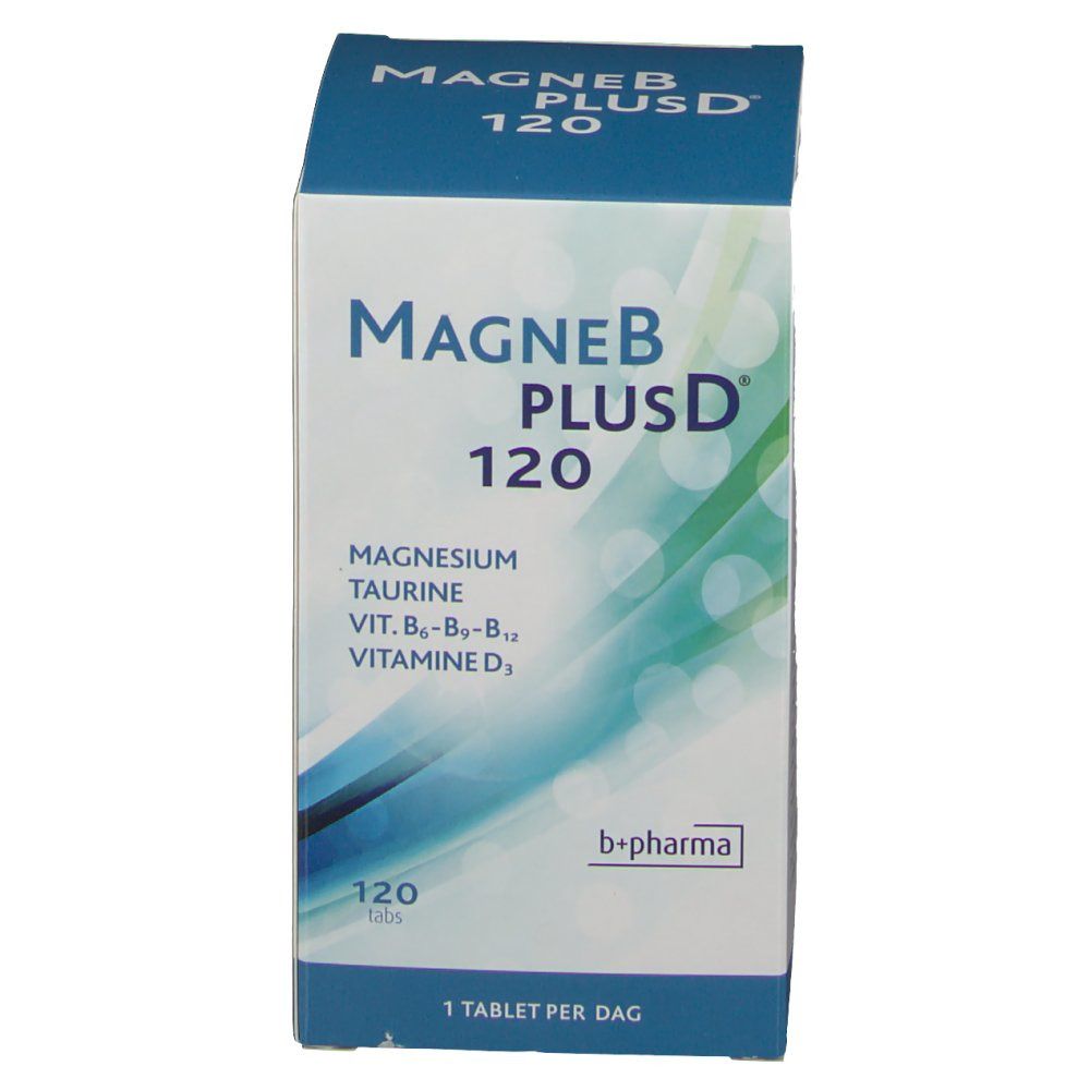 Boîte de MagneBPlusD 120. Contient magnésium, taurine, vitamines B6, B12, D3. 120 comprimés. 1 comprimé par jour. Marque b+pharma.
