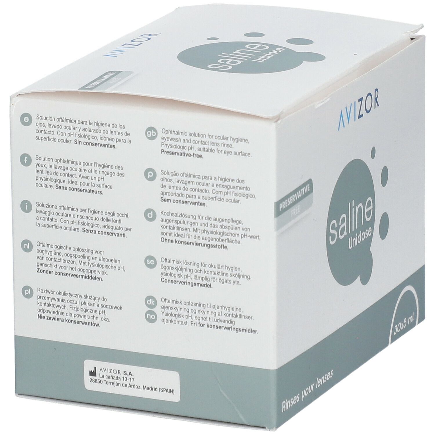 Emballage en carton avec informations produit en plusieurs langues. Logo et nom du produit : saline Unidose. Inscription : 30x5 ml. "Rinses your lenses".