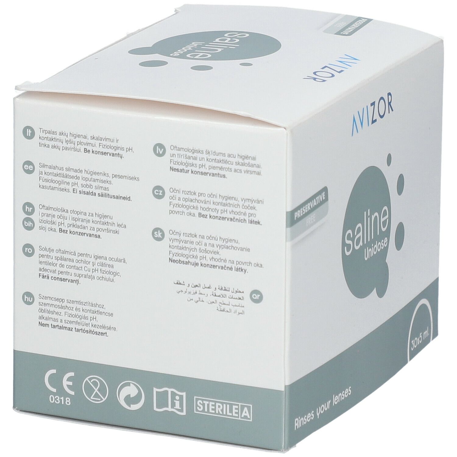 Emballage en carton avec informations produit en plusieurs langues. Logo et nom du produit : saline Unidose. Inscription : 30x5 ml. "Rinses your lenses".