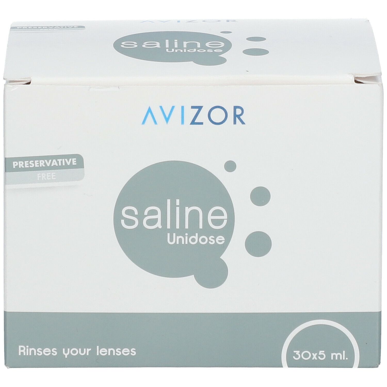 Boîte en carton blanche avec logo et nom du produit. Inscription : saline Unidose, 30x5 ml. "Rinses your lenses". "Preservative Free".