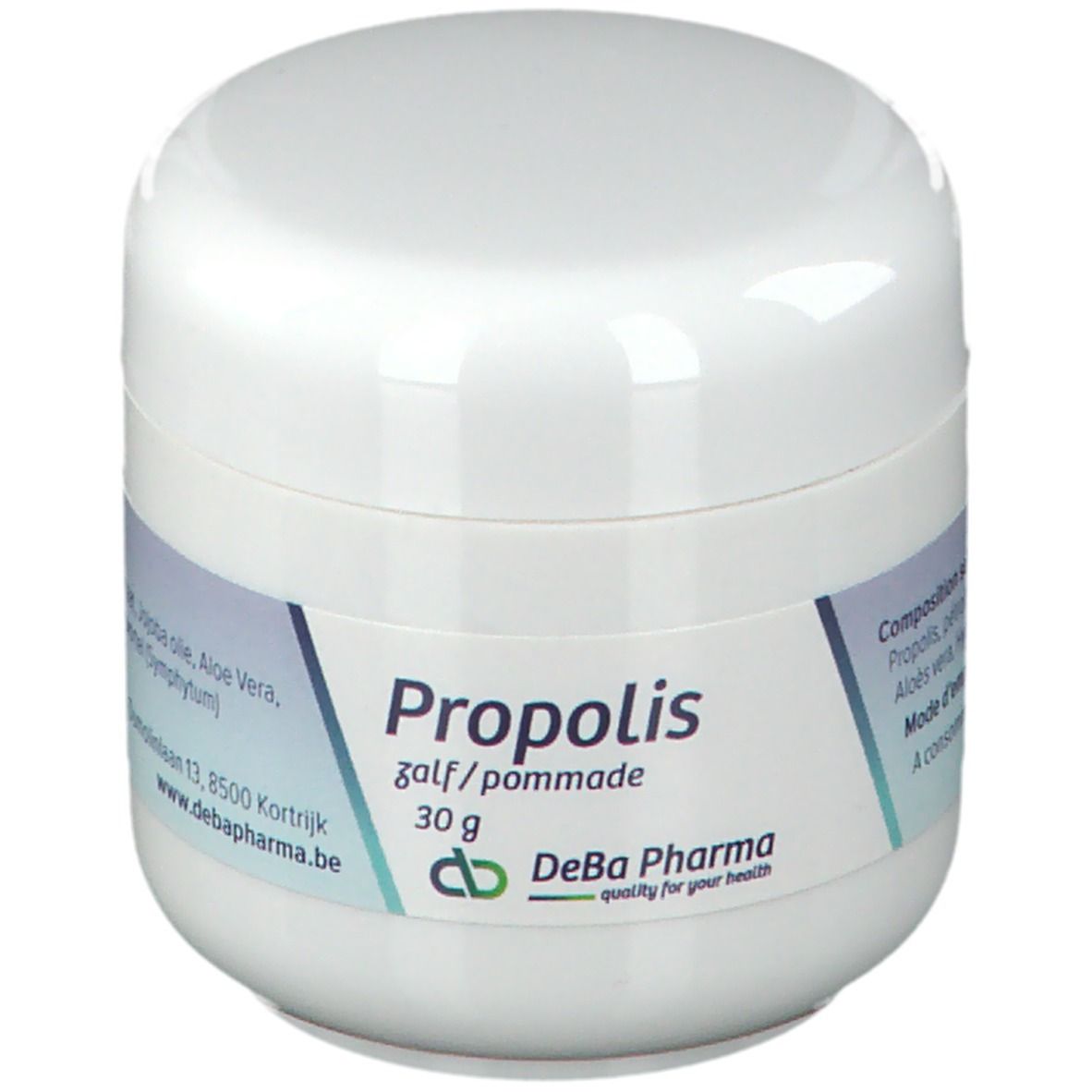 Pot blanc avec étiquette bleu et blanc. Inscription: Propolis, 30 g, DeBa Pharma. Nom du produit et marque visibles.