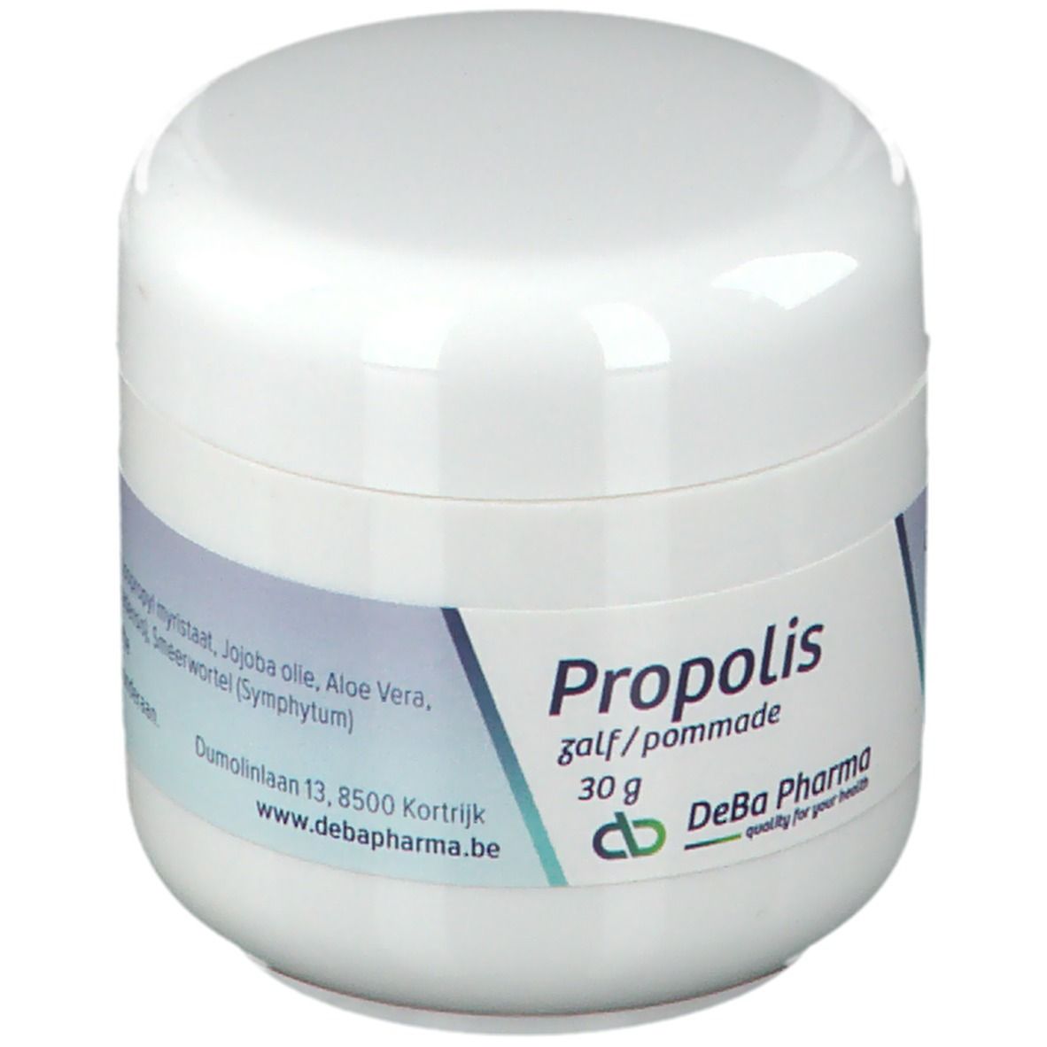 Pot blanc avec étiquette bleu et blanc. Inscription: Propolis, 30 g, DeBa Pharma. Nom du produit et marque visibles.