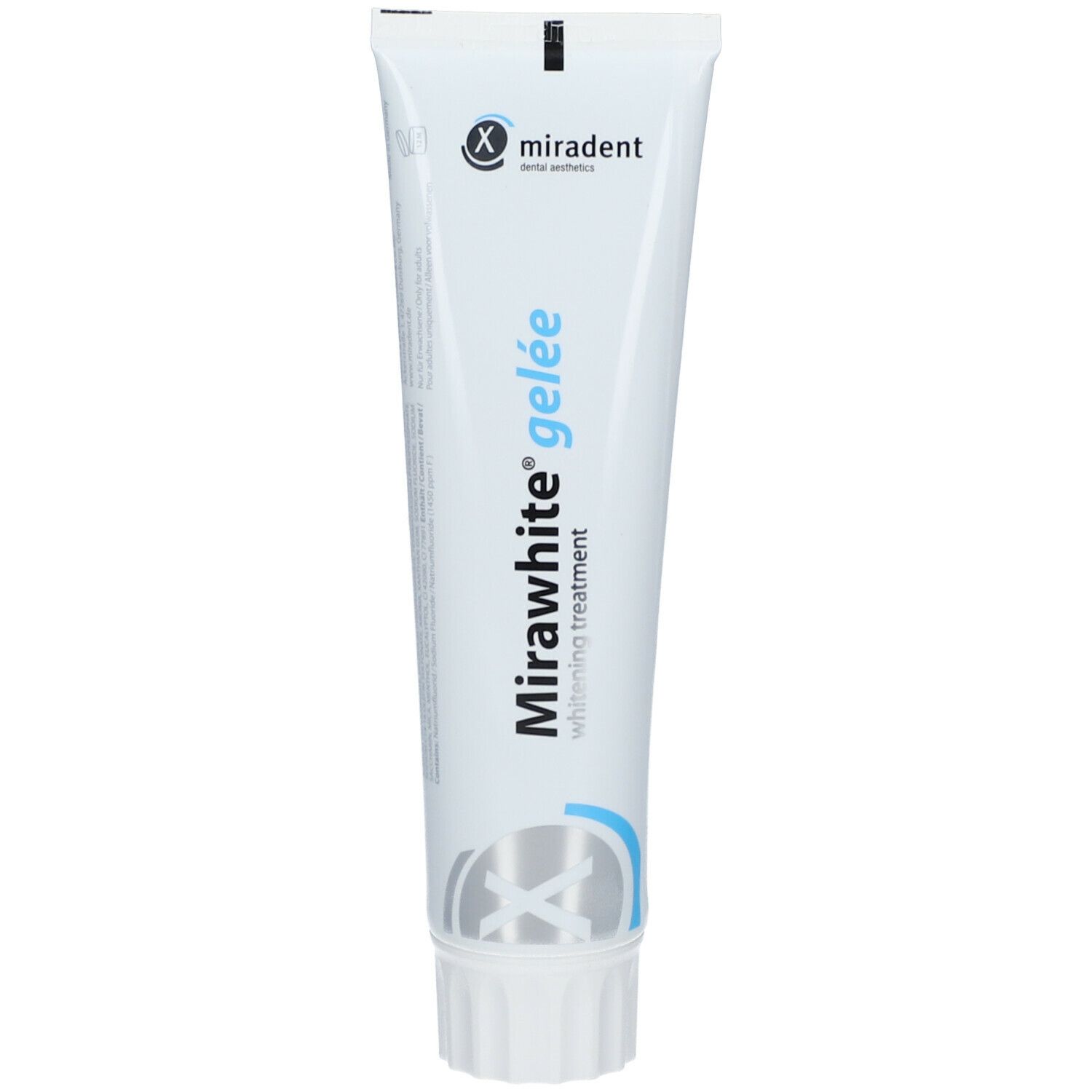 Tandbleekgel in witte tube. Merk: Miradent Mirawhite gelée. Logo en tekst.