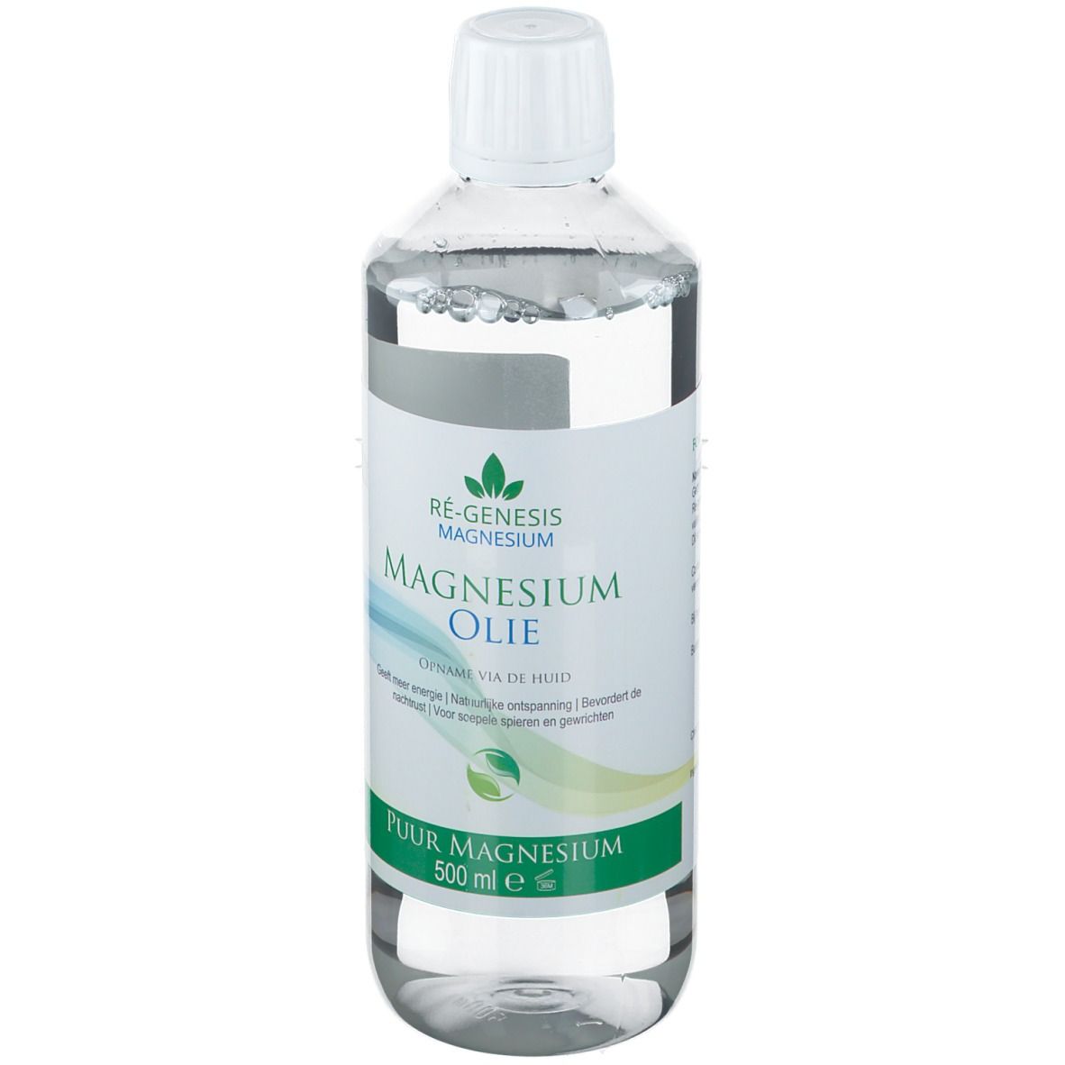Liquide clair dans une bouteille à bouchon blanc. Étiquette avec texte: Magnesium Olie, 500 ml. Couleurs vert et blanc.