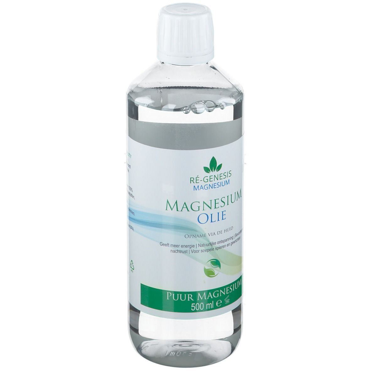 Liquide clair dans une bouteille à bouchon blanc. Étiquette avec texte: Magnesium Olie, 500 ml. Couleurs vert et blanc.