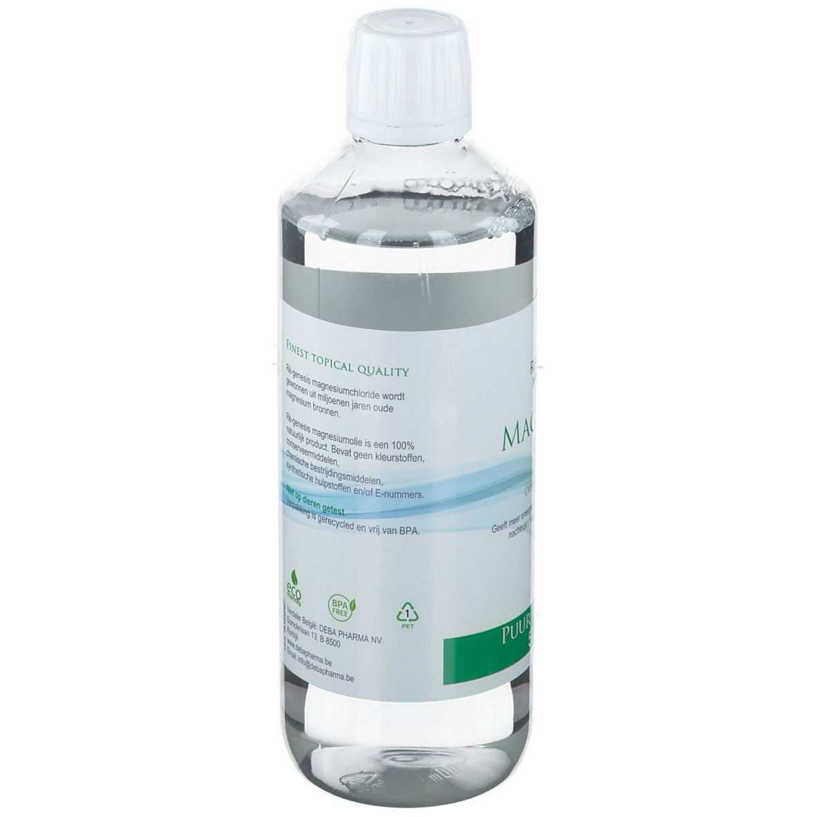 Dos de la bouteille avec texte. Contient des informations sur l'utilisation et les ingrédients. Étiquette blanche avec design bleu et vert.