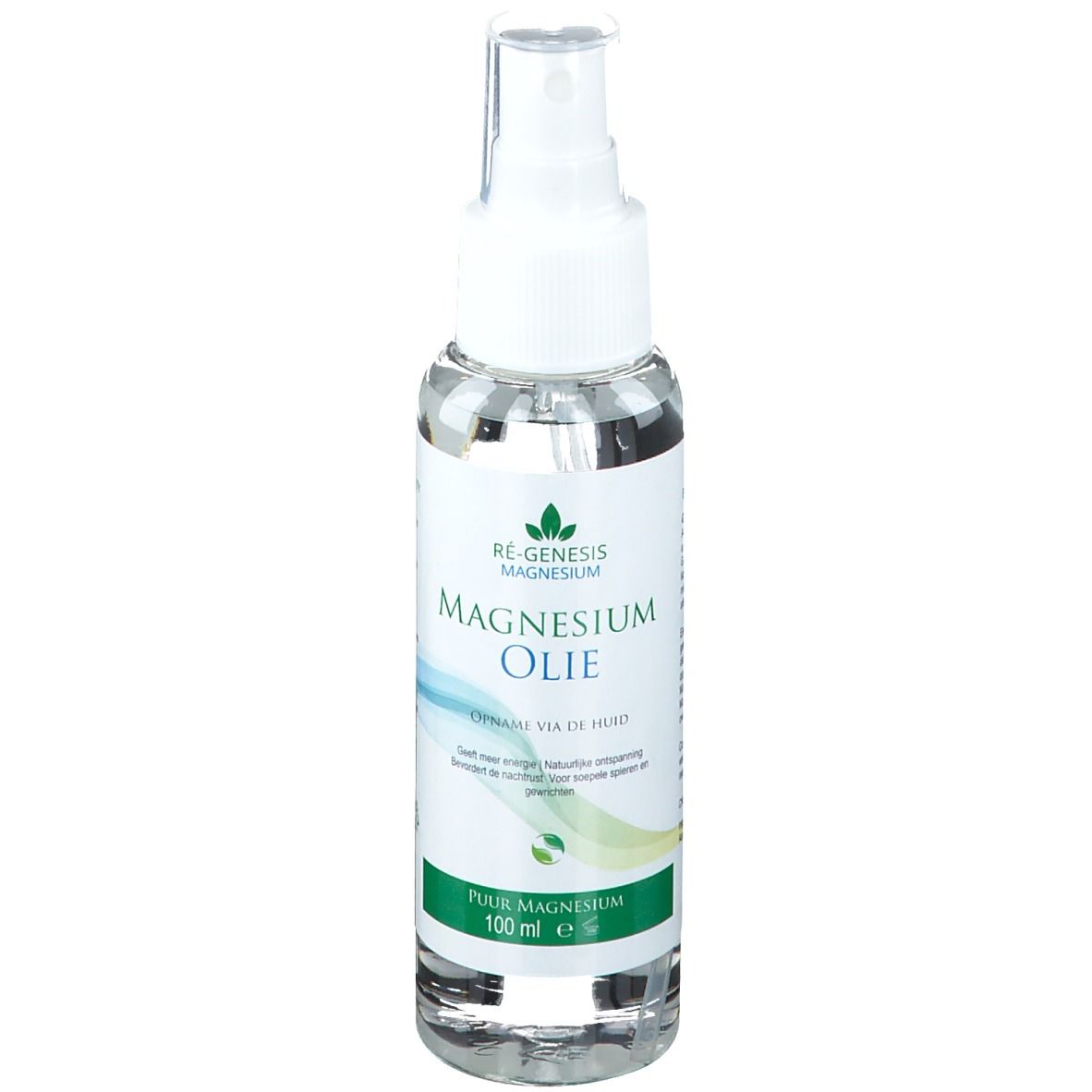 Transparante fles met verstuiver. Opschrift: Magnesium Olie, 100 ml. Groen-blauwe afbeelding.