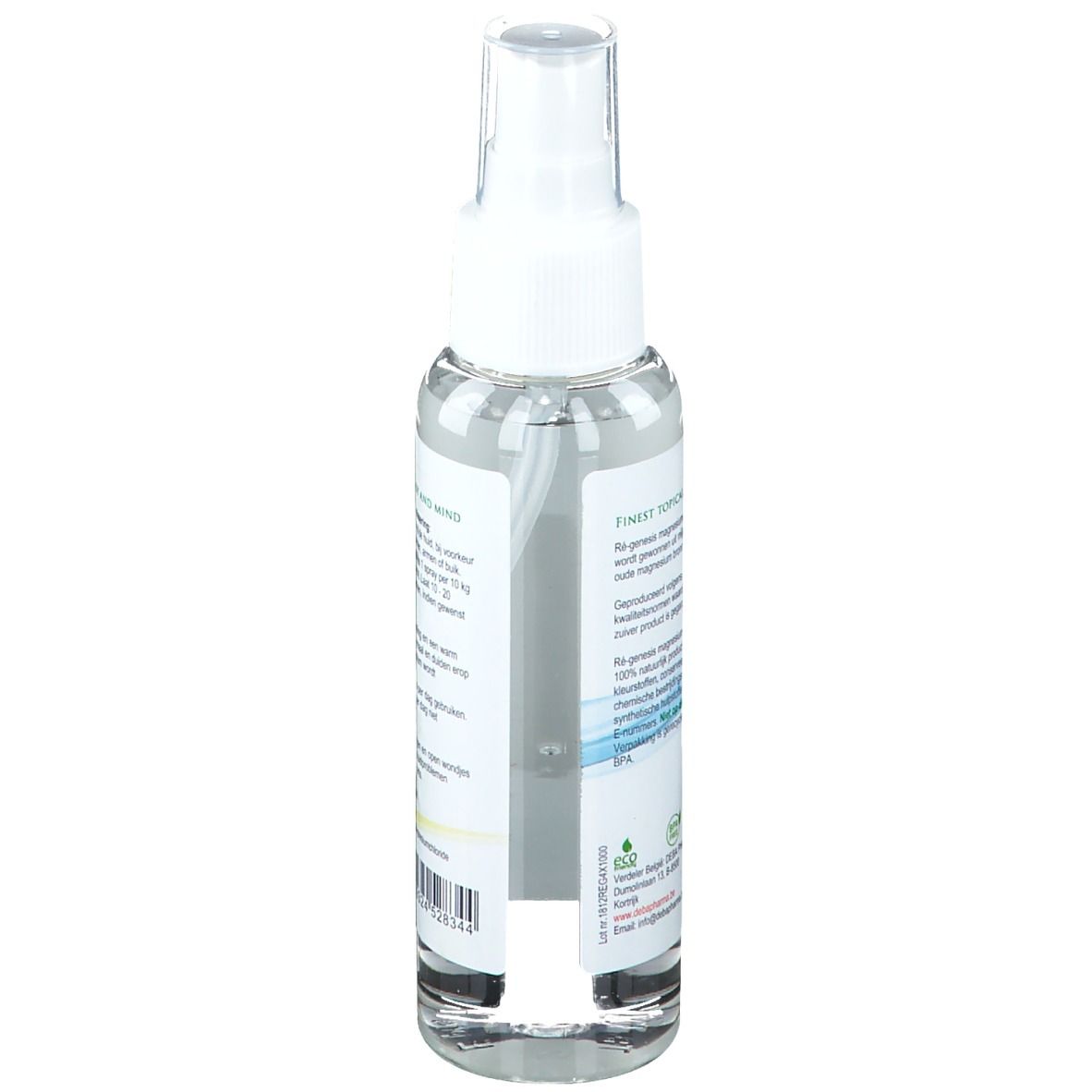 Achterkant van de fles. Tekstinformatie en logo's. Transparante vloeistof zichtbaar.